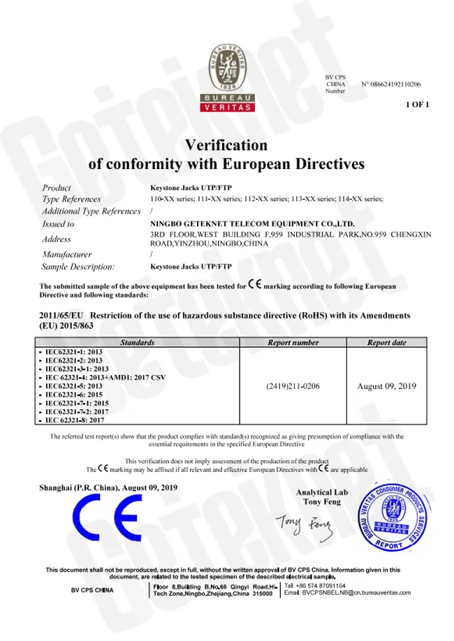 certificate keystone jack