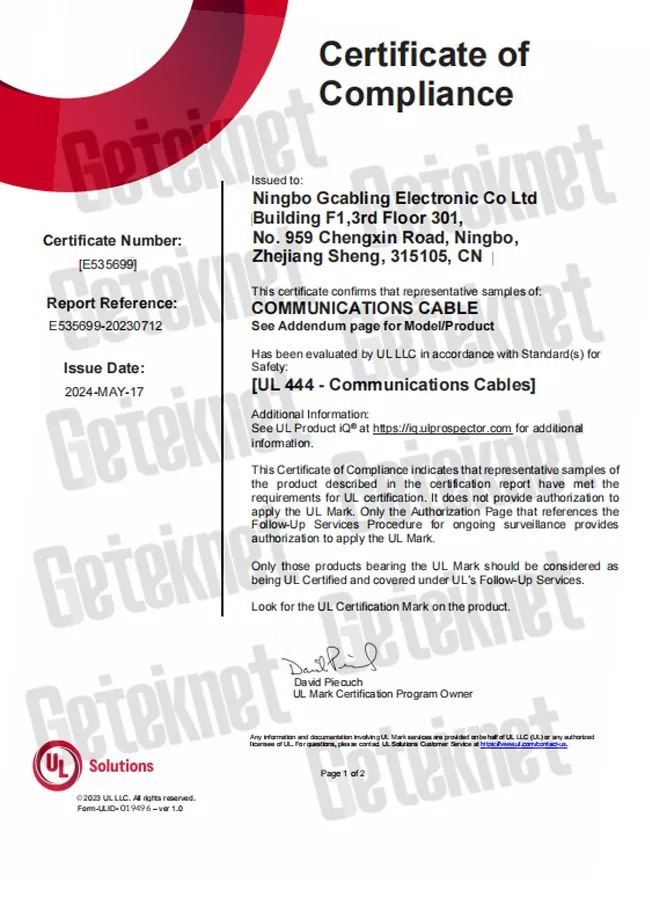 certificate UL ethernet cable E535699 getek certificate UL ethernet cable E535699